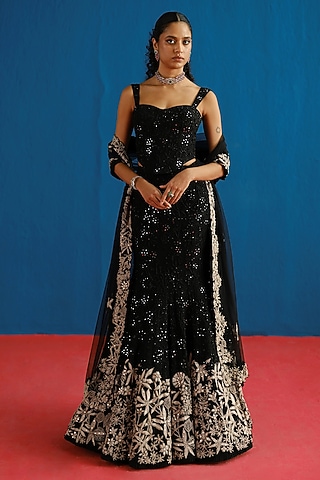 Black Tulle Floral Embroidered Fish-Cut Skirt Set by Mishru