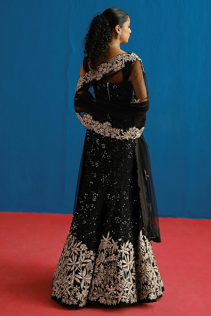 Black Tulle Floral Embroidered Fish-Cut Skirt Set by Mishru at Pernia's Pop Up Shop