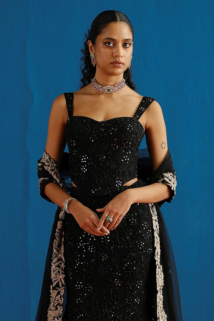 Black Tulle Floral Embroidered Fish-Cut Skirt Set by Mishru at Pernia's Pop Up Shop