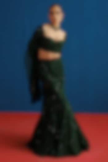 Dark Green Tulle Embroidered Mermaid Bridal Lehenga Set by Mishru at Pernia's Pop Up Shop