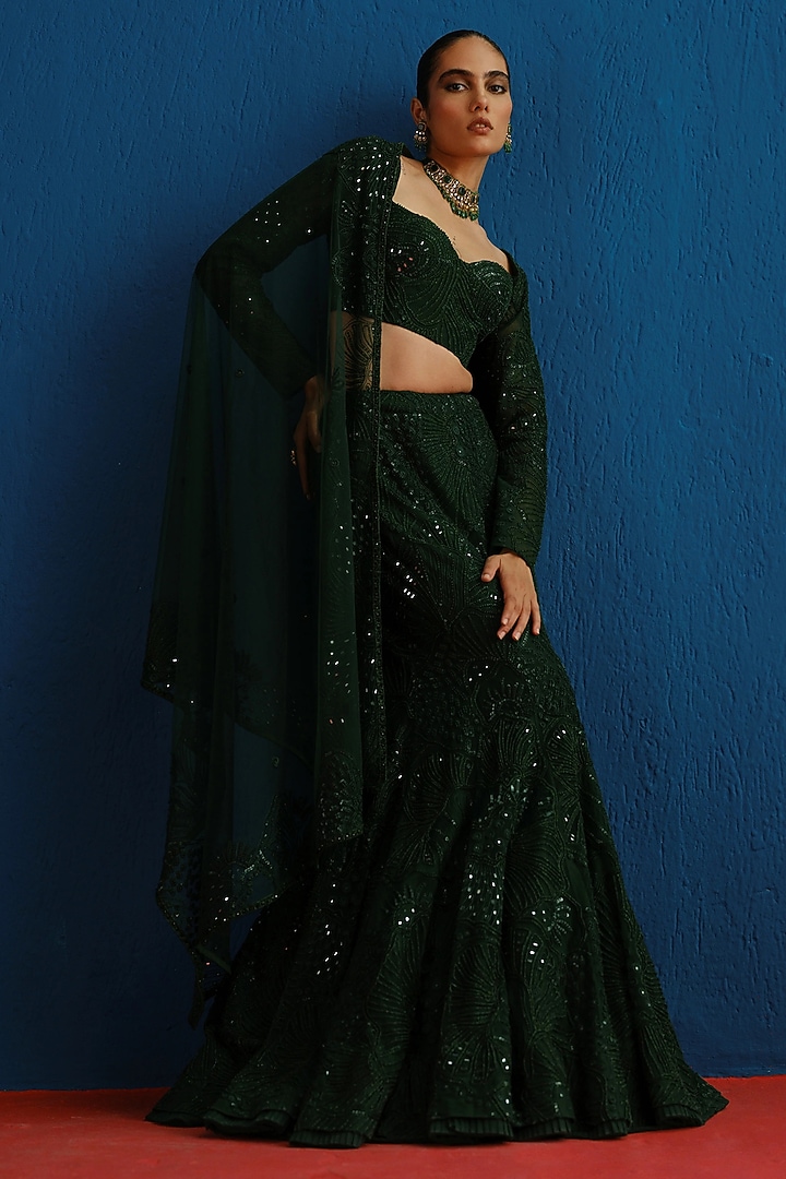 Dark Green Tulle Embroidered Mermaid Bridal Lehenga Set by Mishru at Pernia's Pop Up Shop