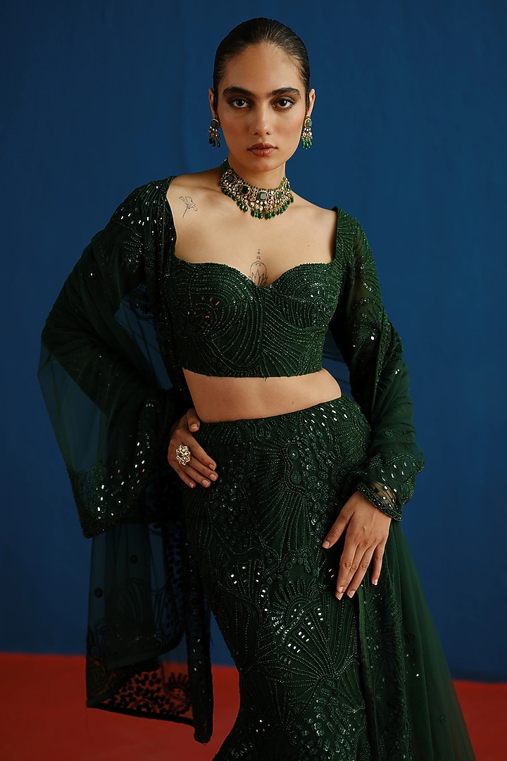 Dark Green Tulle Embroidered Mermaid Bridal Lehenga Set by Mishru at Pernia's Pop Up Shop