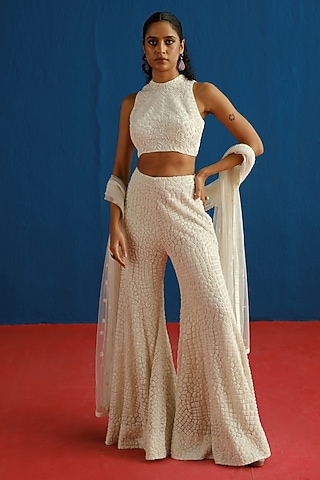 Ivory Organza Embroidered Co-Ord Set by Mishru