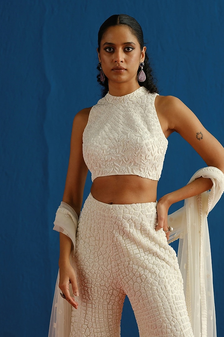 Ivory Organza Embroidered Co-Ord Set by Mishru at Pernia's Pop Up Shop