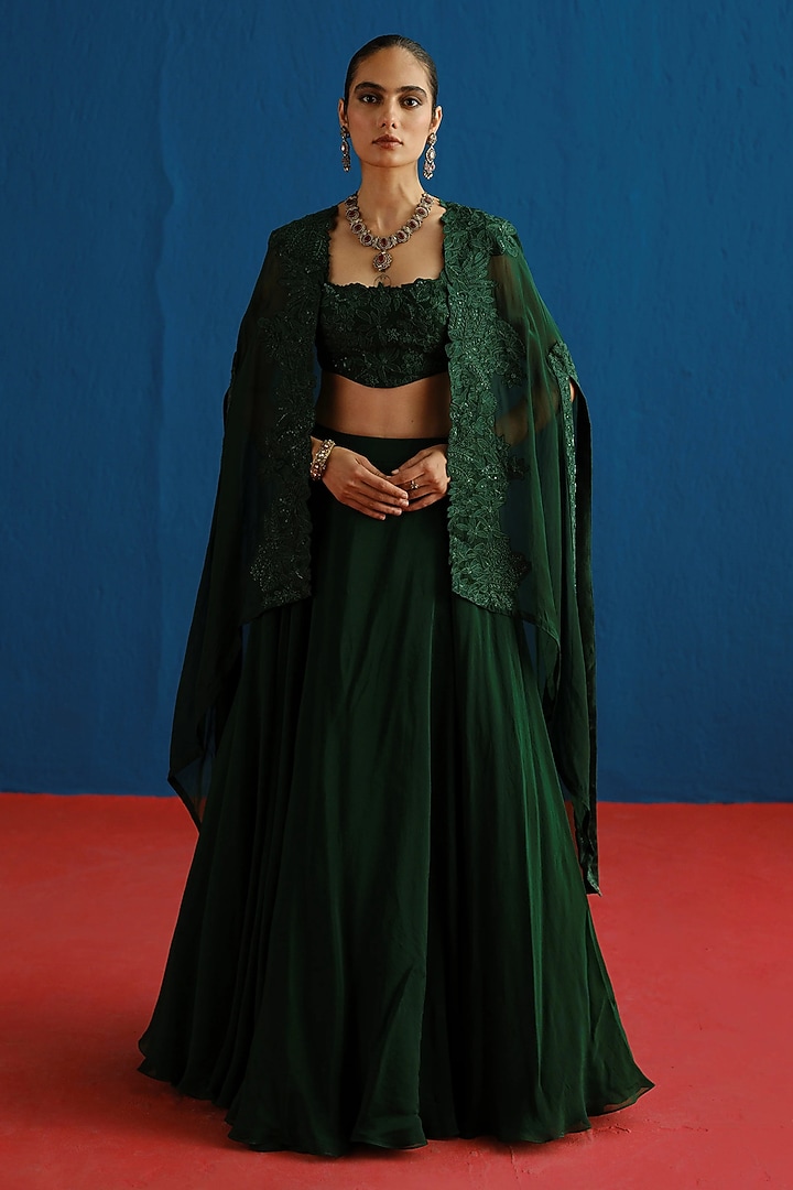 Dark Green Organza Embroidered Cape Set by Mishru at Pernia's Pop Up Shop