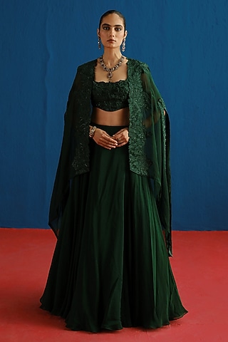 Dark Green Organza Embroidered Cape Set by Mishru