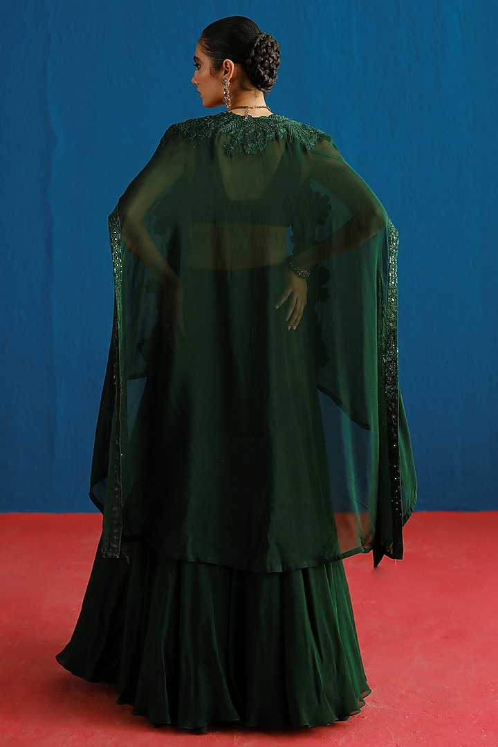 Dark Green Organza Embroidered Cape Set by Mishru at Pernia's Pop Up Shop