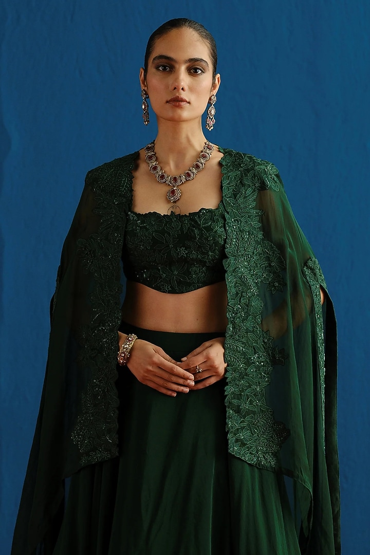 Dark Green Organza Embroidered Cape Set by Mishru at Pernia's Pop Up Shop