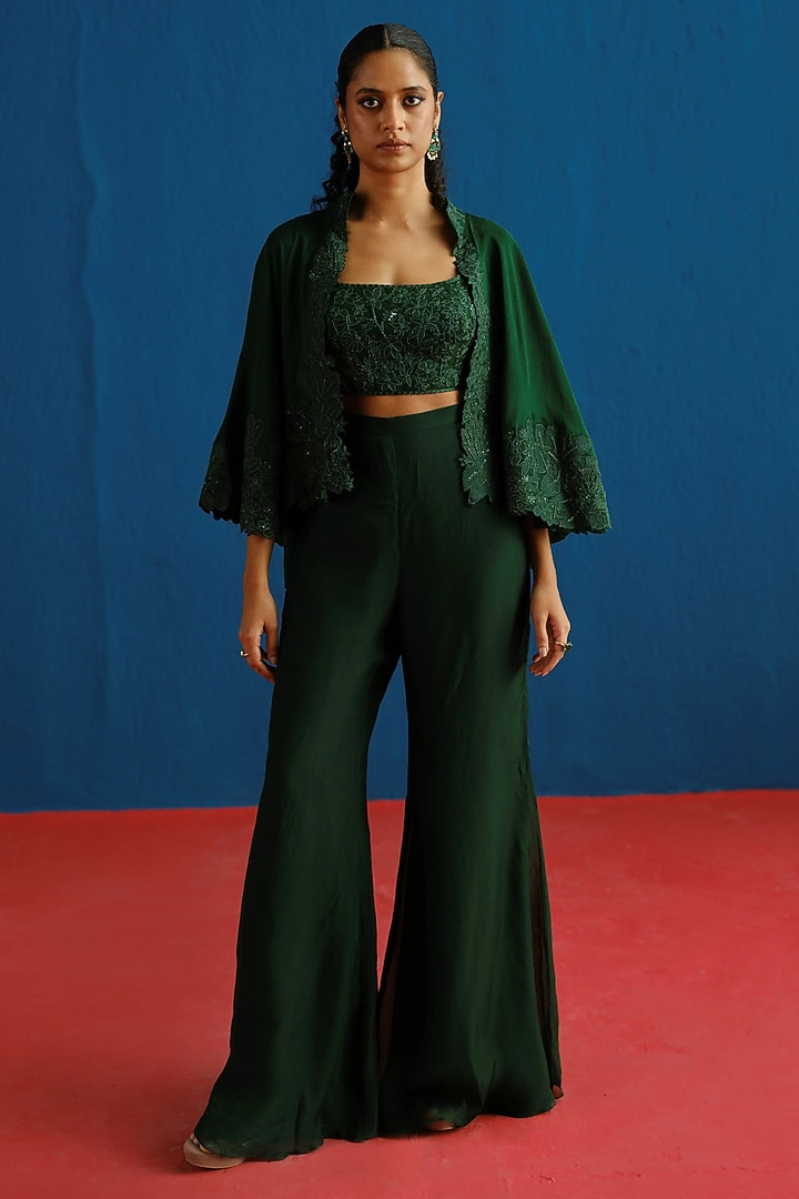 Dark Green Silk Embroidered Cape Set by Mishru at Pernia's Pop Up Shop