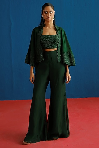 Dark Green Silk Embroidered Cape Set by Mishru
