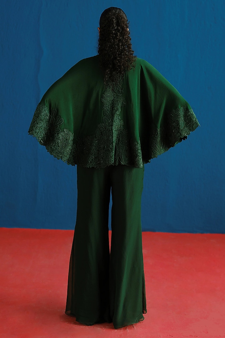 Dark Green Silk Embroidered Cape Set by Mishru at Pernia's Pop Up Shop