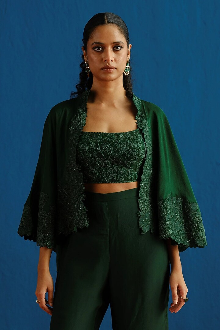 Dark Green Silk Embroidered Cape Set by Mishru at Pernia's Pop Up Shop