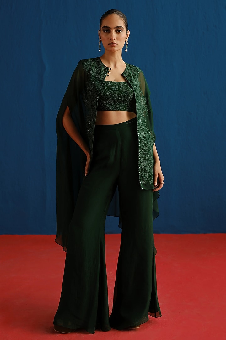 Dark Green Organza Embroidered Cape Set by Mishru at Pernia's Pop Up Shop