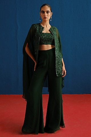 Dark Green Organza Embroidered Cape Set by Mishru