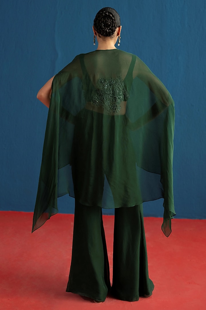 Dark Green Organza Embroidered Cape Set by Mishru at Pernia's Pop Up Shop
