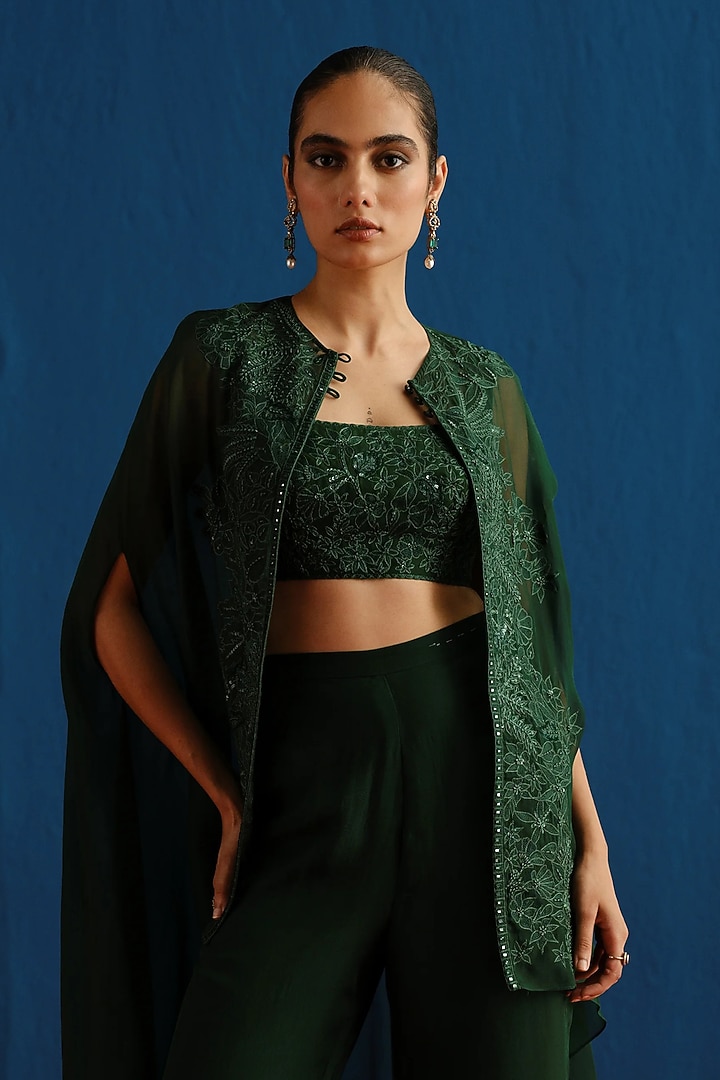 Dark Green Organza Embroidered Cape Set by Mishru at Pernia's Pop Up Shop