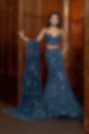 Navy Blue Tulle Embroidered Skirt Set by Mishru at Pernia's Pop Up Shop