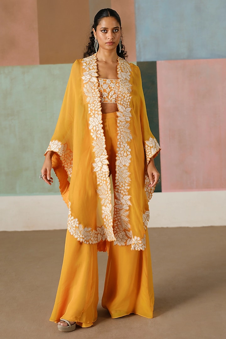 Tangerine Organza Embroidered Triangle Cape Set by Mishru at Pernia's Pop Up Shop