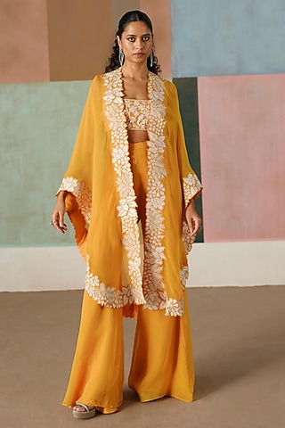 Tangerine Organza Embroidered Triangle Cape Set by Mishru
