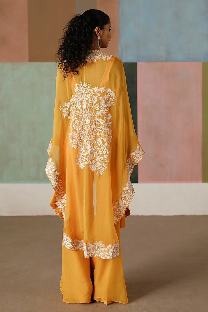 Tangerine Organza Embroidered Triangle Cape Set by Mishru at Pernia's Pop Up Shop