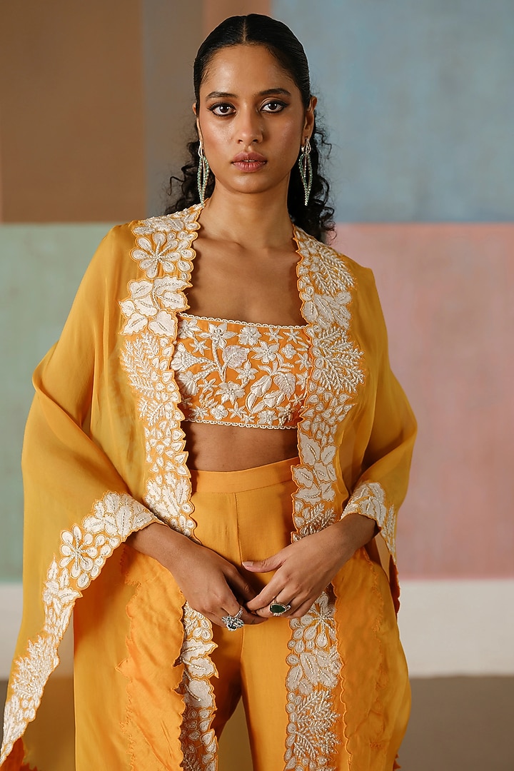 Tangerine Organza Embroidered Triangle Cape Set by Mishru at Pernia's Pop Up Shop