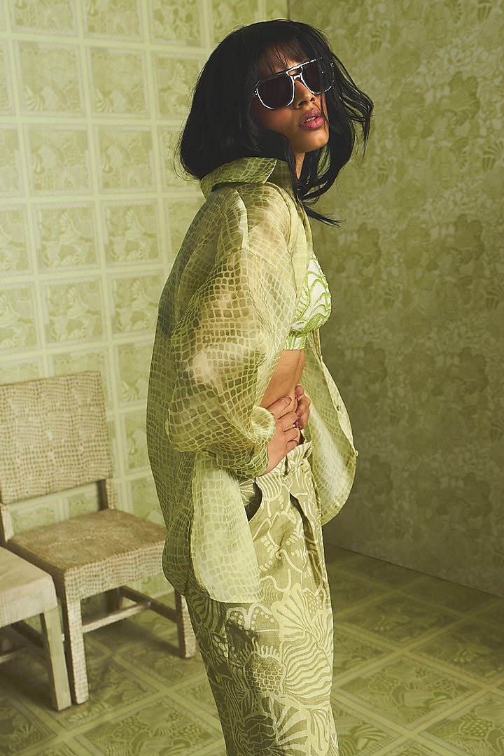 Green Satin Organza & Linen Co-Ord Set by Mishru at Pernia's Pop Up Shop