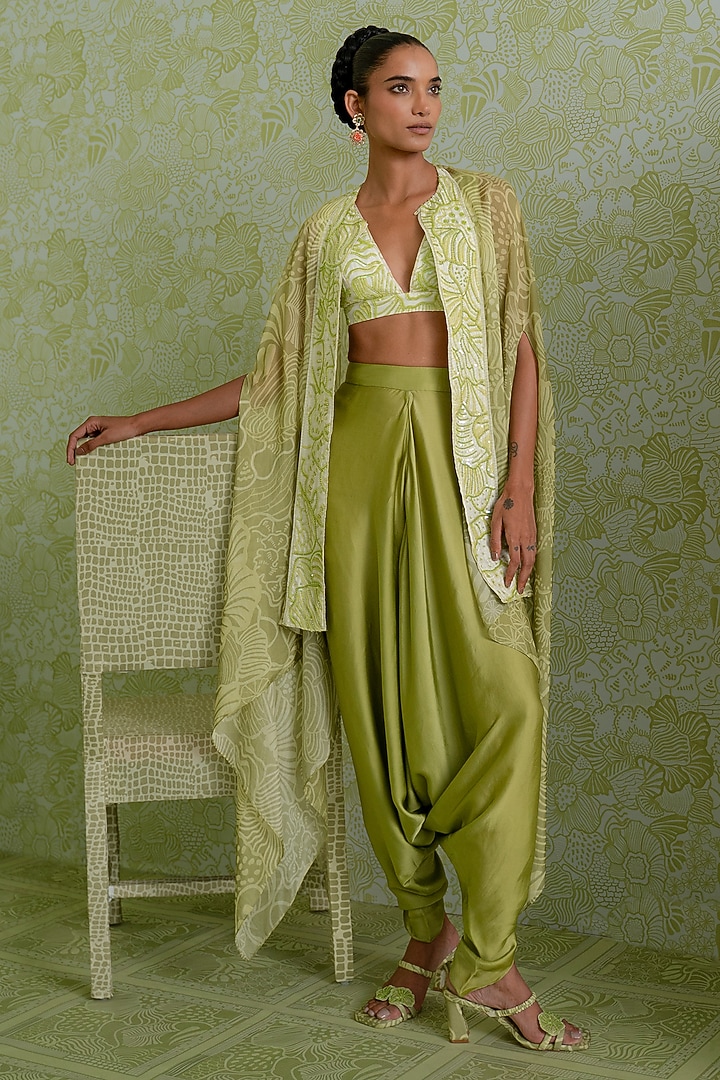 Green Organza Embellished Cape Set by Mishru at Pernia's Pop Up Shop