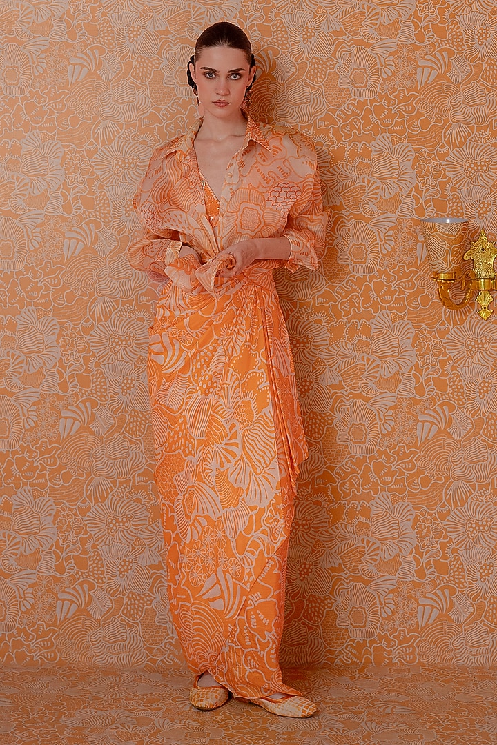 Tangerine Satin Draped Skirt Set by Mishru at Pernia's Pop Up Shop