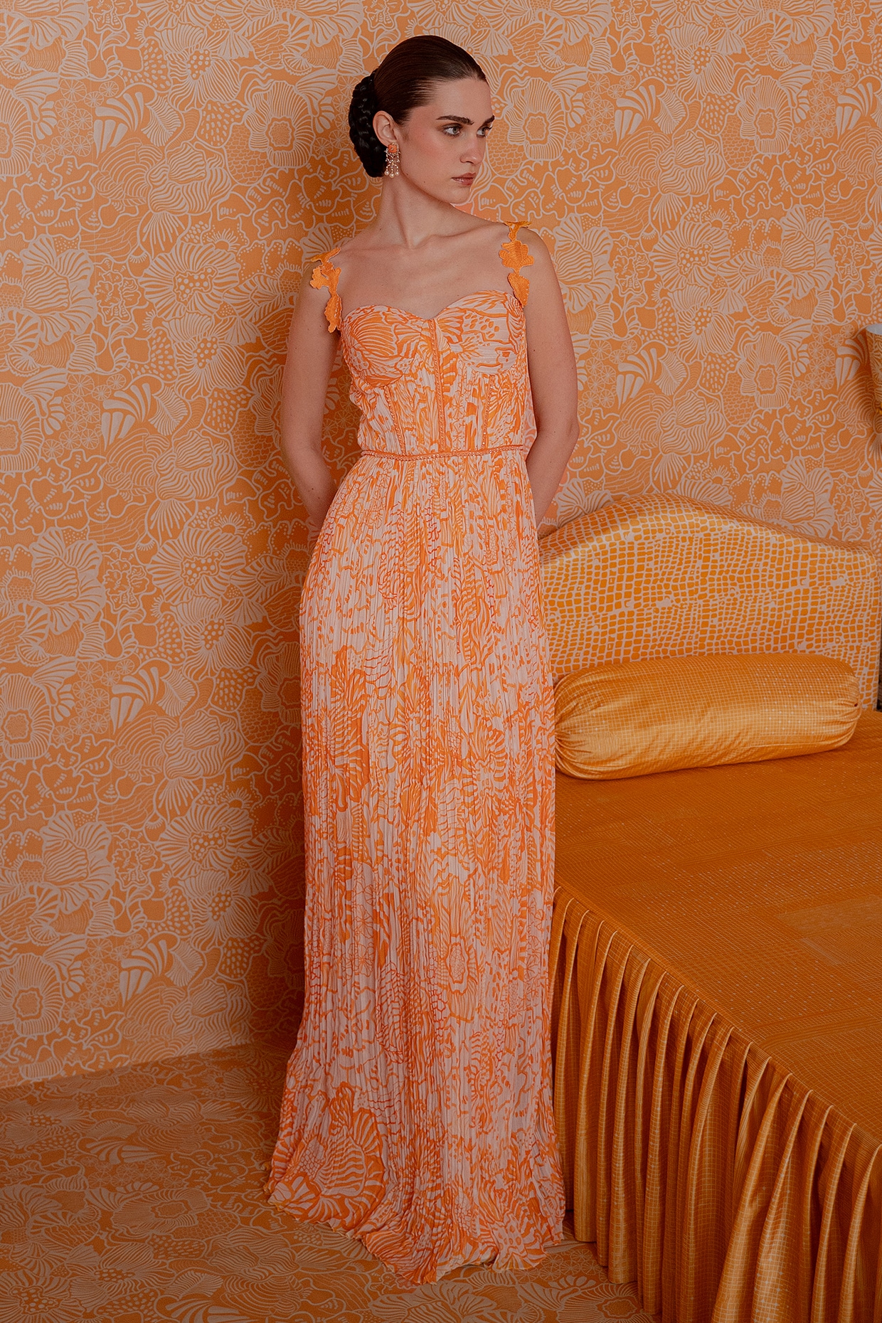 Mishru Tangerine Georgette Printed Ruched Maxi Dress