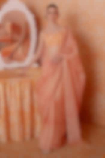 Tangerine Satin Organza Checkered Reception Saree Set by Mishru at Pernia's Pop Up Shop