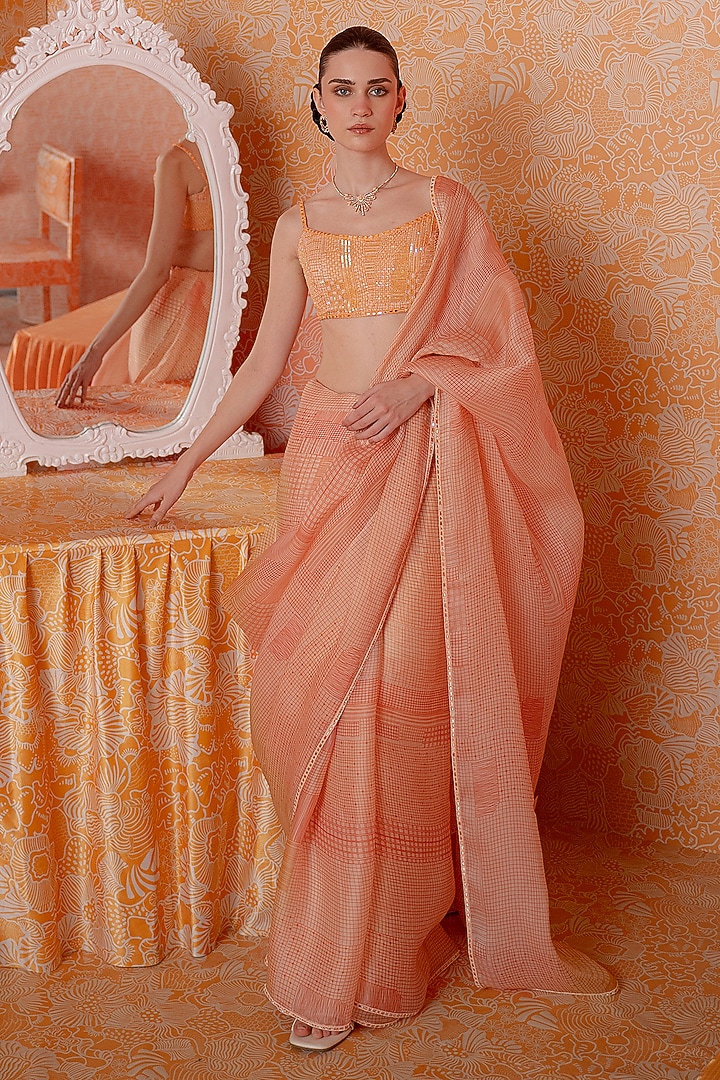 Tangerine Satin Organza Checkered Reception Saree Set by Mishru at Pernia's Pop Up Shop