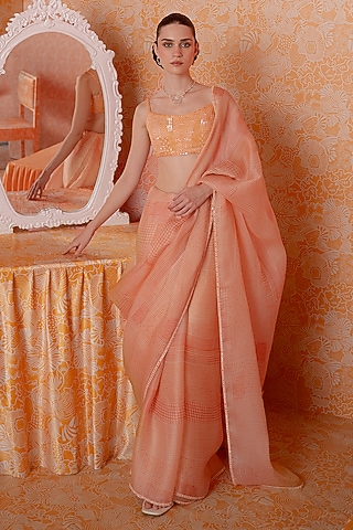 Tangerine Satin Organza Checkered Saree Set by Mishru