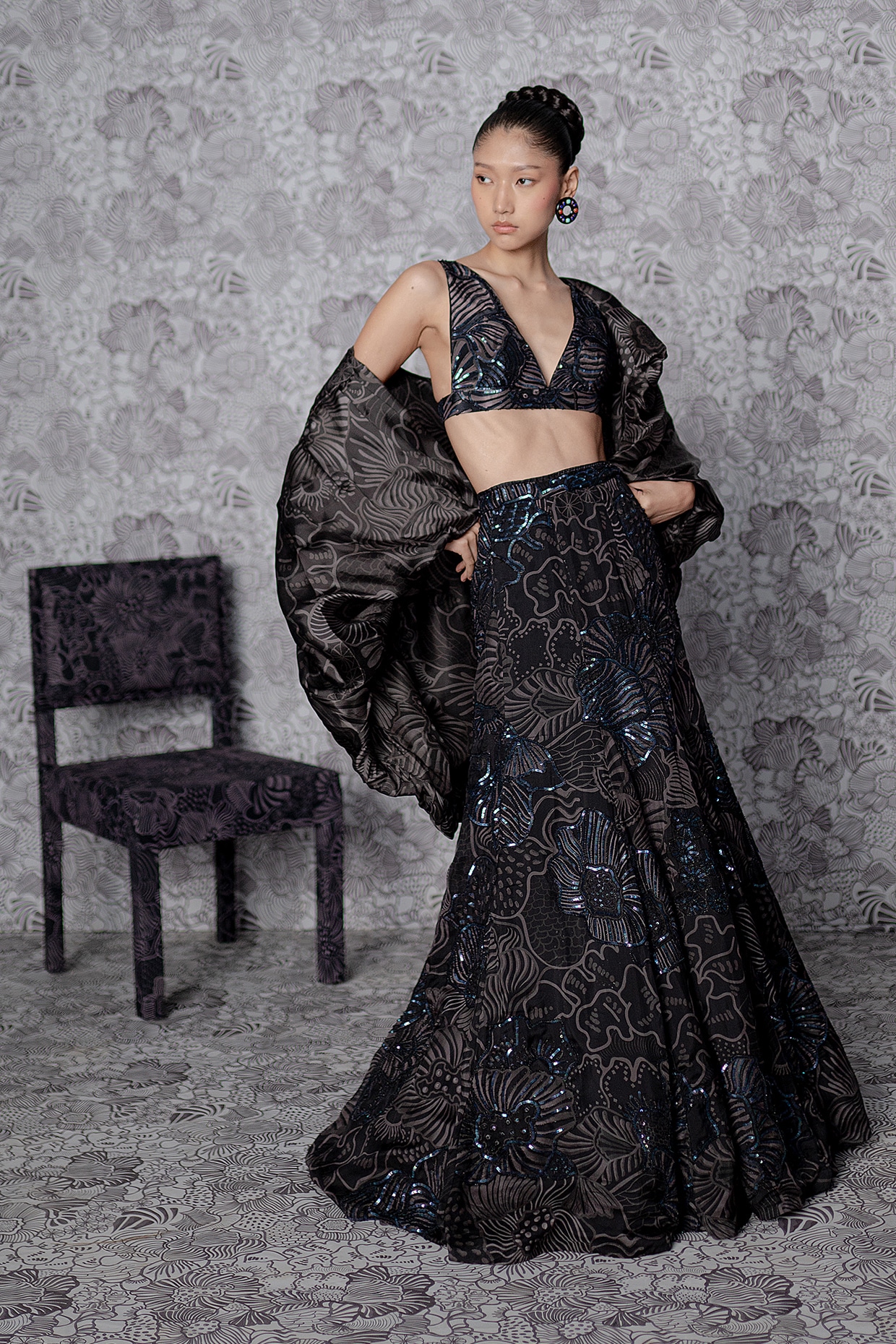 Mishru Black Satin Organza Printed Embellished Lehenga Set