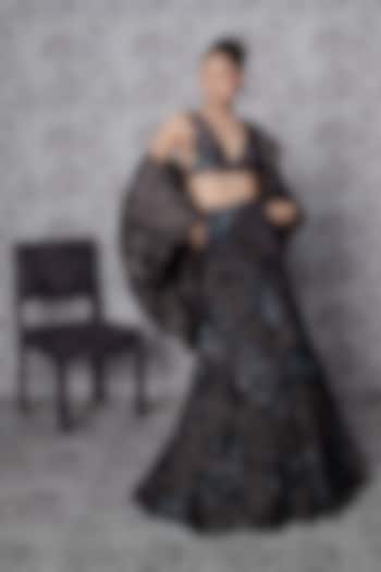 Black Satin Organza Printed Embellished Bridal Lehenga Set by Mishru at Pernia's Pop Up Shop