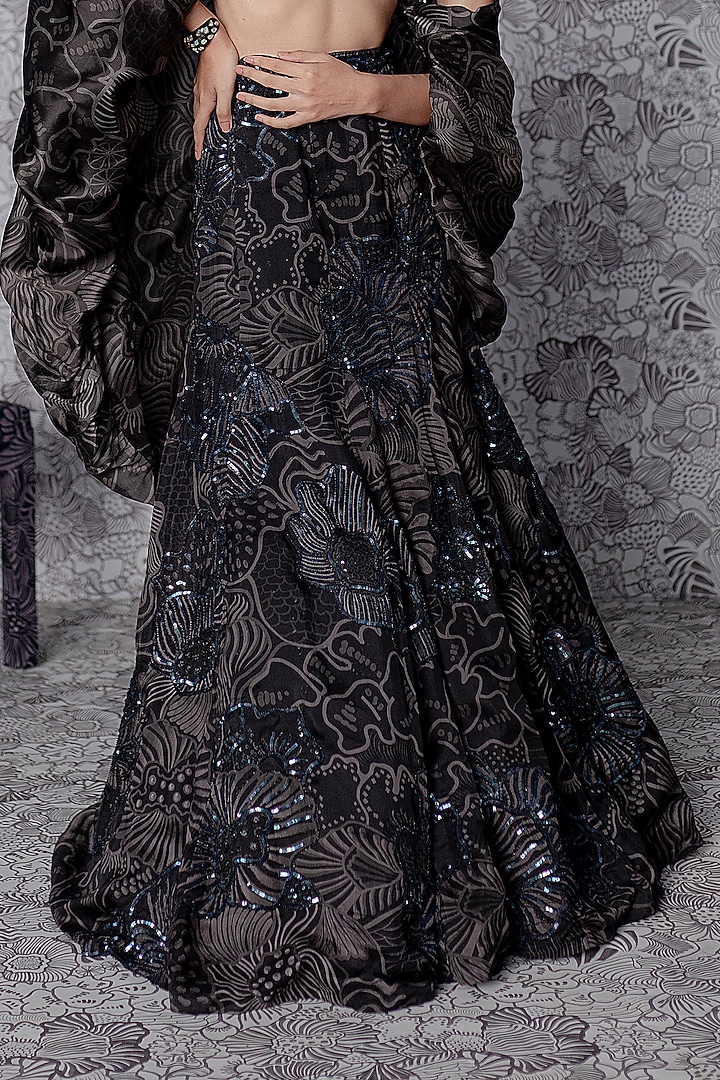 Black Satin Organza Printed Embellished Bridal Lehenga Set by Mishru at Pernia's Pop Up Shop