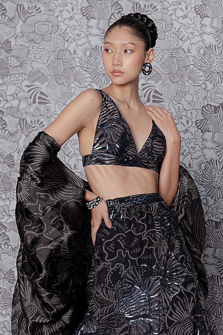 Black Satin Organza Printed Embellished Bridal Lehenga Set by Mishru at Pernia's Pop Up Shop