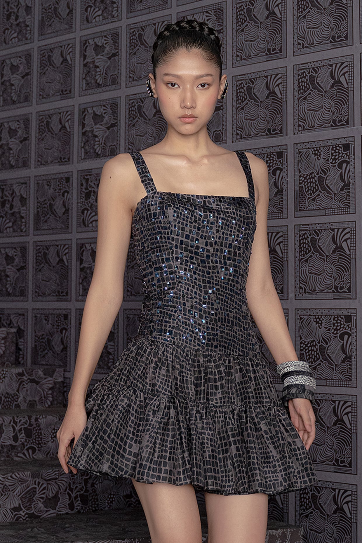 Mishru Black Habutai Silk Sequin Embroidered Mini Dress