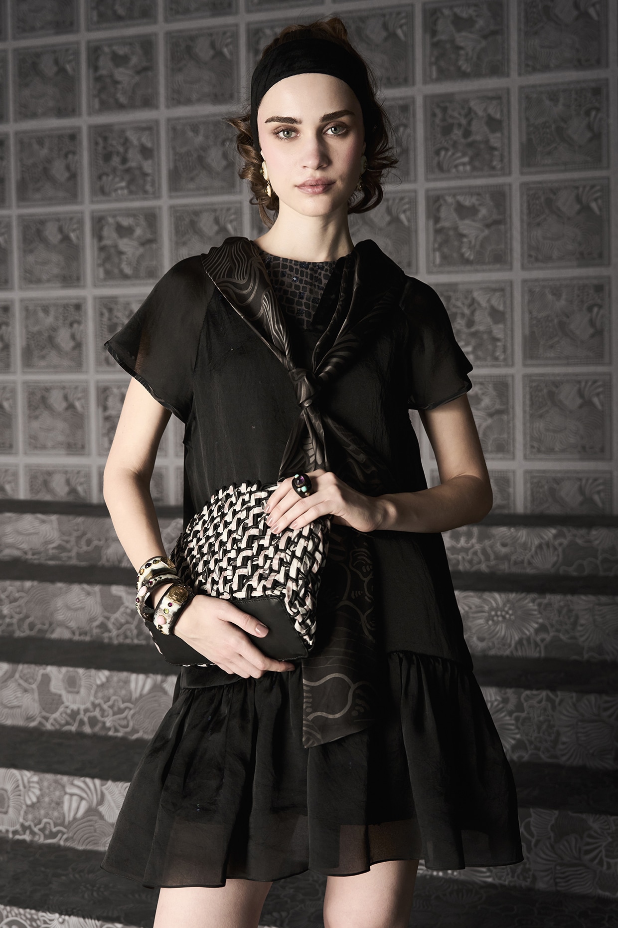 Mishru Black Satin Organza Printed Mini Dress