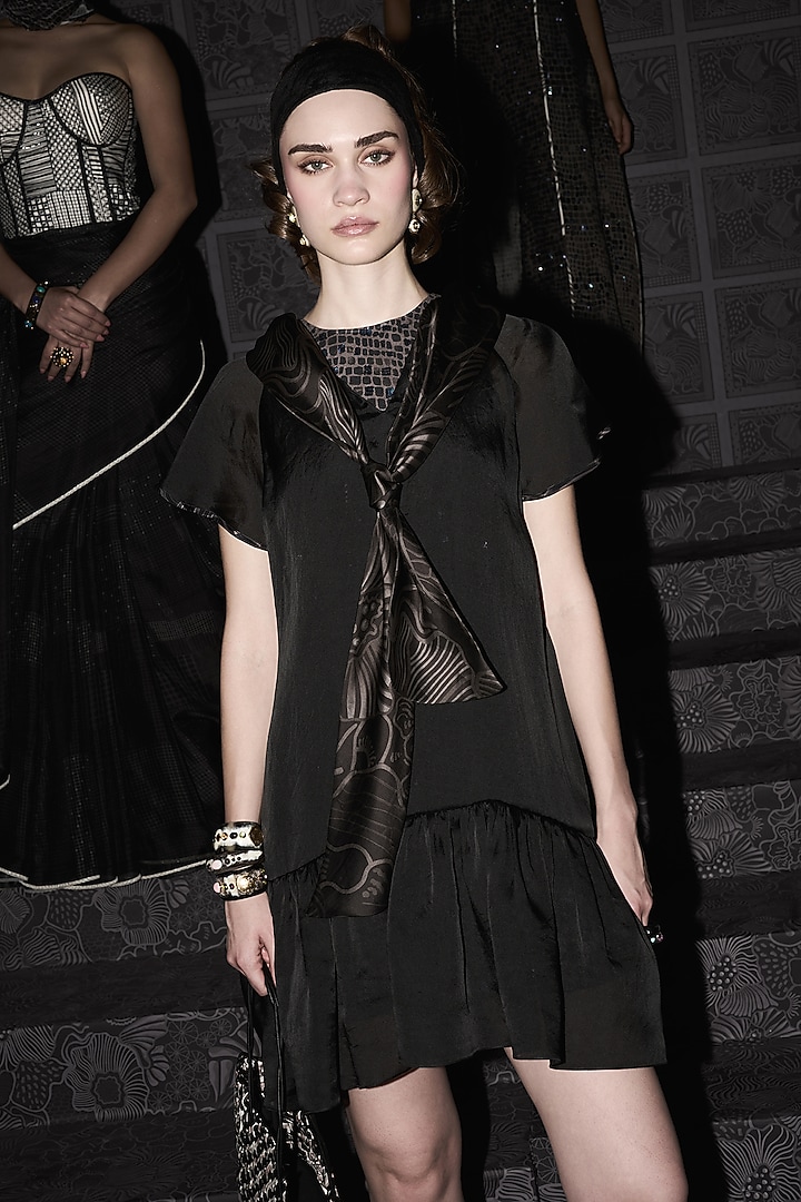 Black Satin Organza Printed Mini Cocktail Dress by Mishru at Pernia's Pop Up Shop