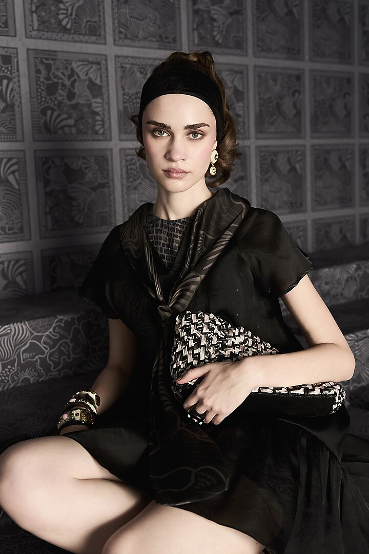 Black Satin Organza Printed Mini Cocktail Dress by Mishru at Pernia's Pop Up Shop
