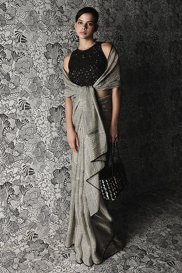 White Organza Checkered Wedding Saree Set by Mishru at Pernia's Pop Up Shop