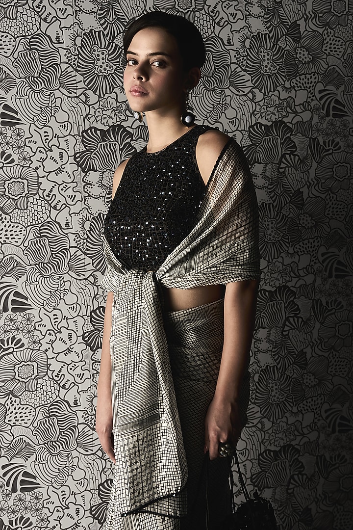 White Organza Checkered Wedding Saree Set by Mishru at Pernia's Pop Up Shop
