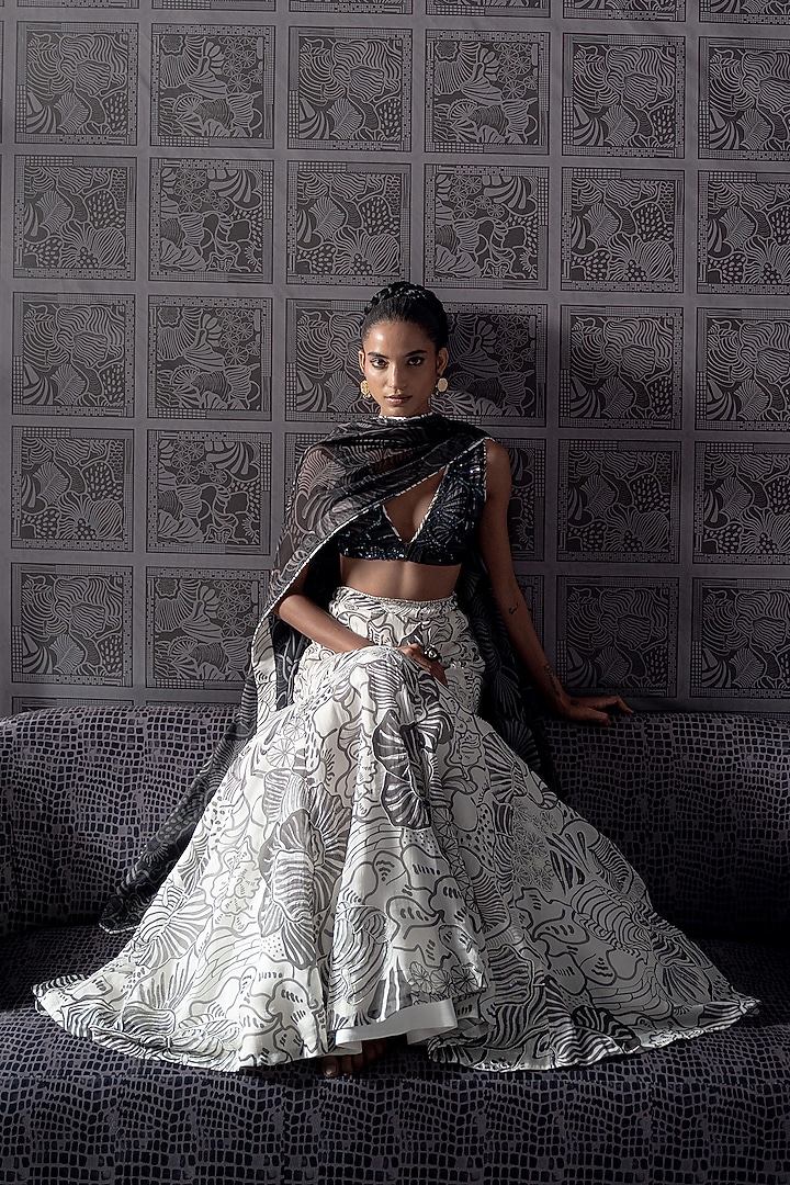 White Organza Printed & Embellished Wedding Lehenga Set by Mishru at Pernia's Pop Up Shop