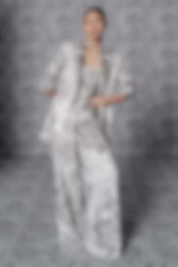 White Linen & Georgette Printed Blazer Set by Mishru at Pernia's Pop Up Shop