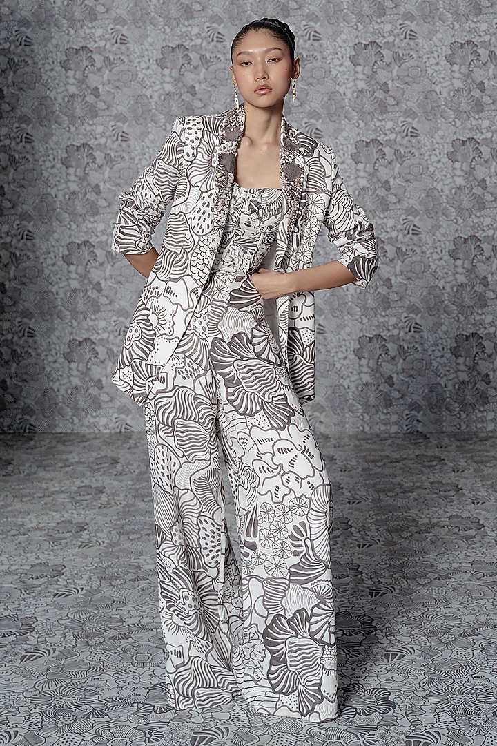 White Linen & Georgette Printed Blazer Set by Mishru at Pernia's Pop Up Shop