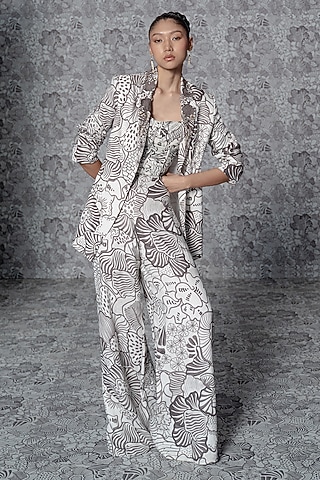 White Linen & Georgette Printed Blazer Set by Mishru