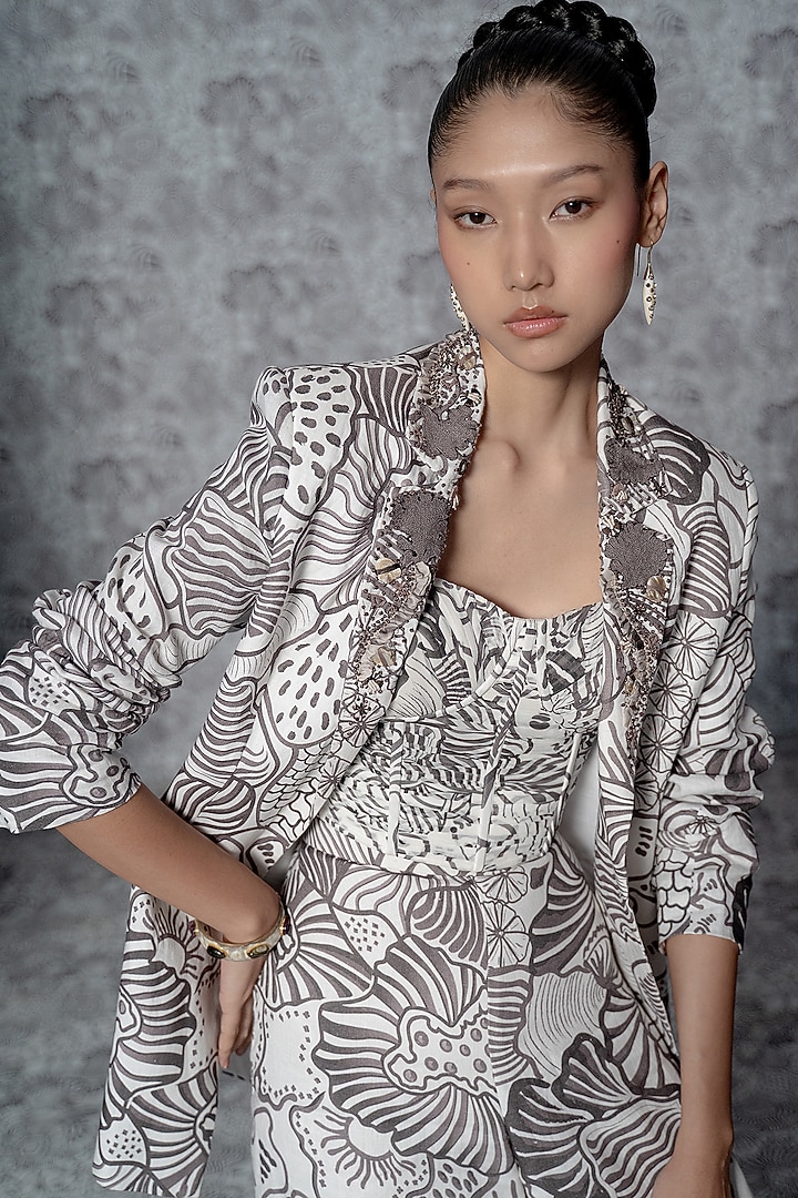 White Linen & Georgette Printed Blazer Set by Mishru at Pernia's Pop Up Shop