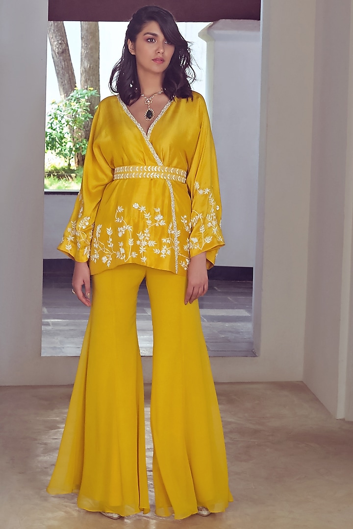 Mango Yellow Embroidered Kimono Set by Mishru