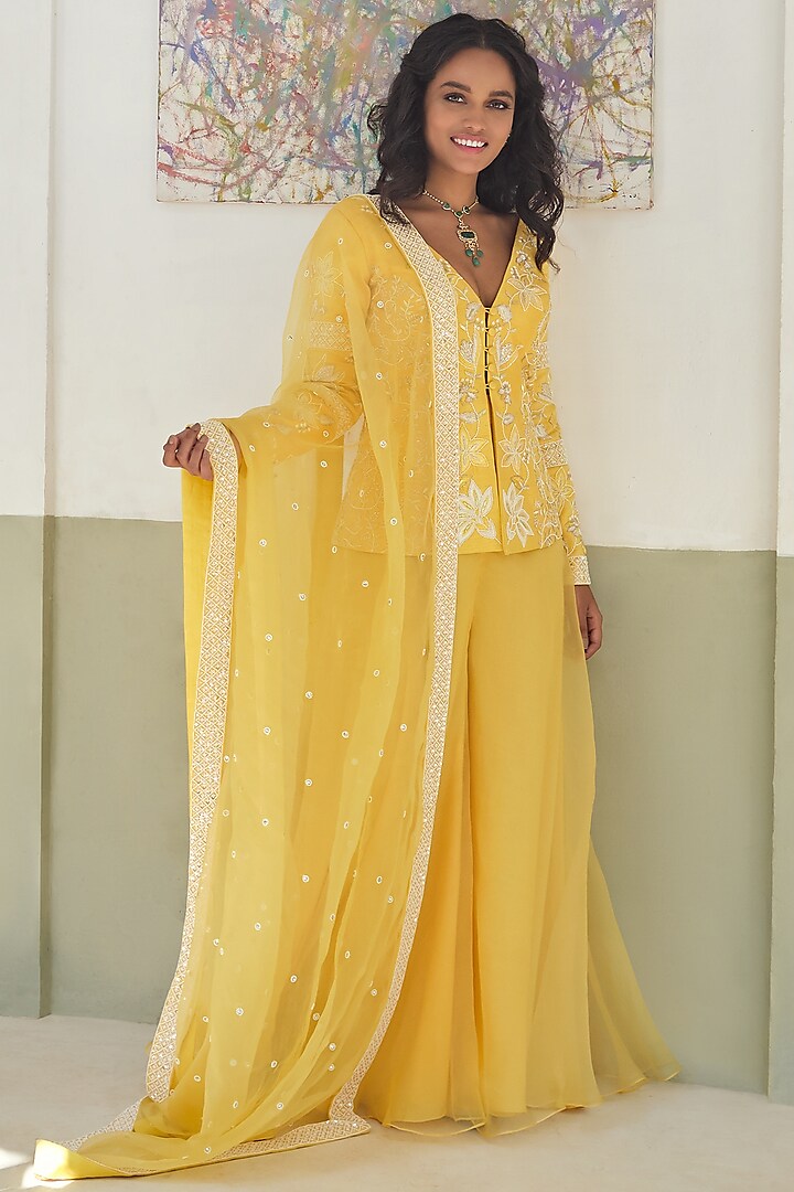 Mango Yellow Embroidered Jacket Set by Mishru
