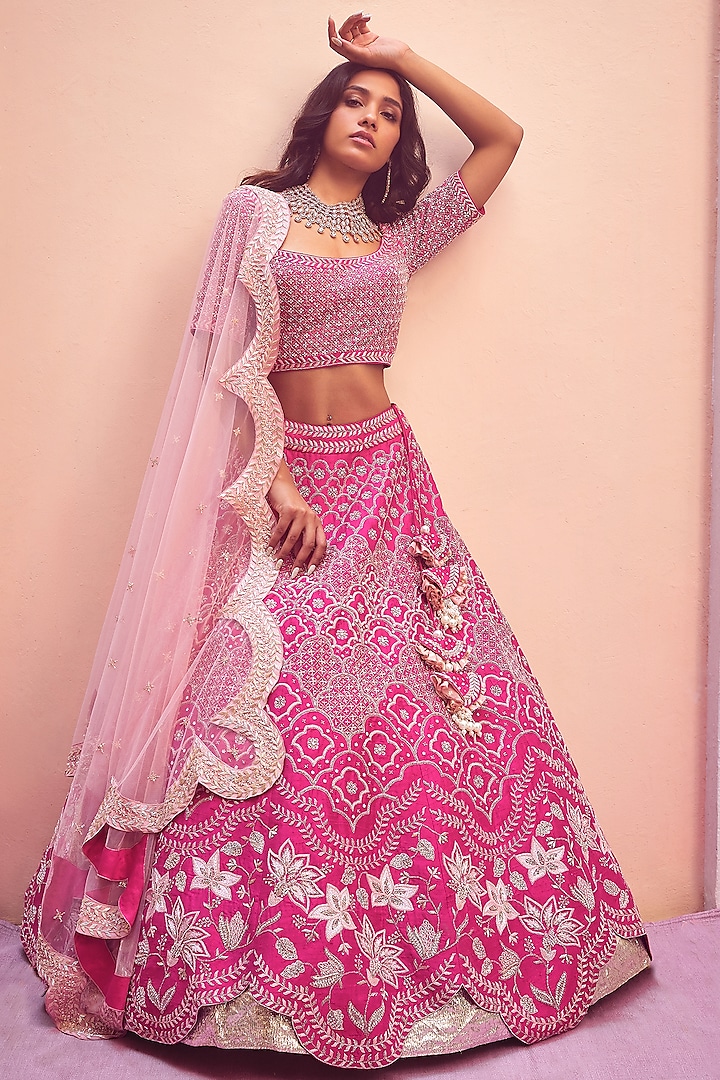 Bright Pink Embroidered Bridal Lehenga Set by Mishru